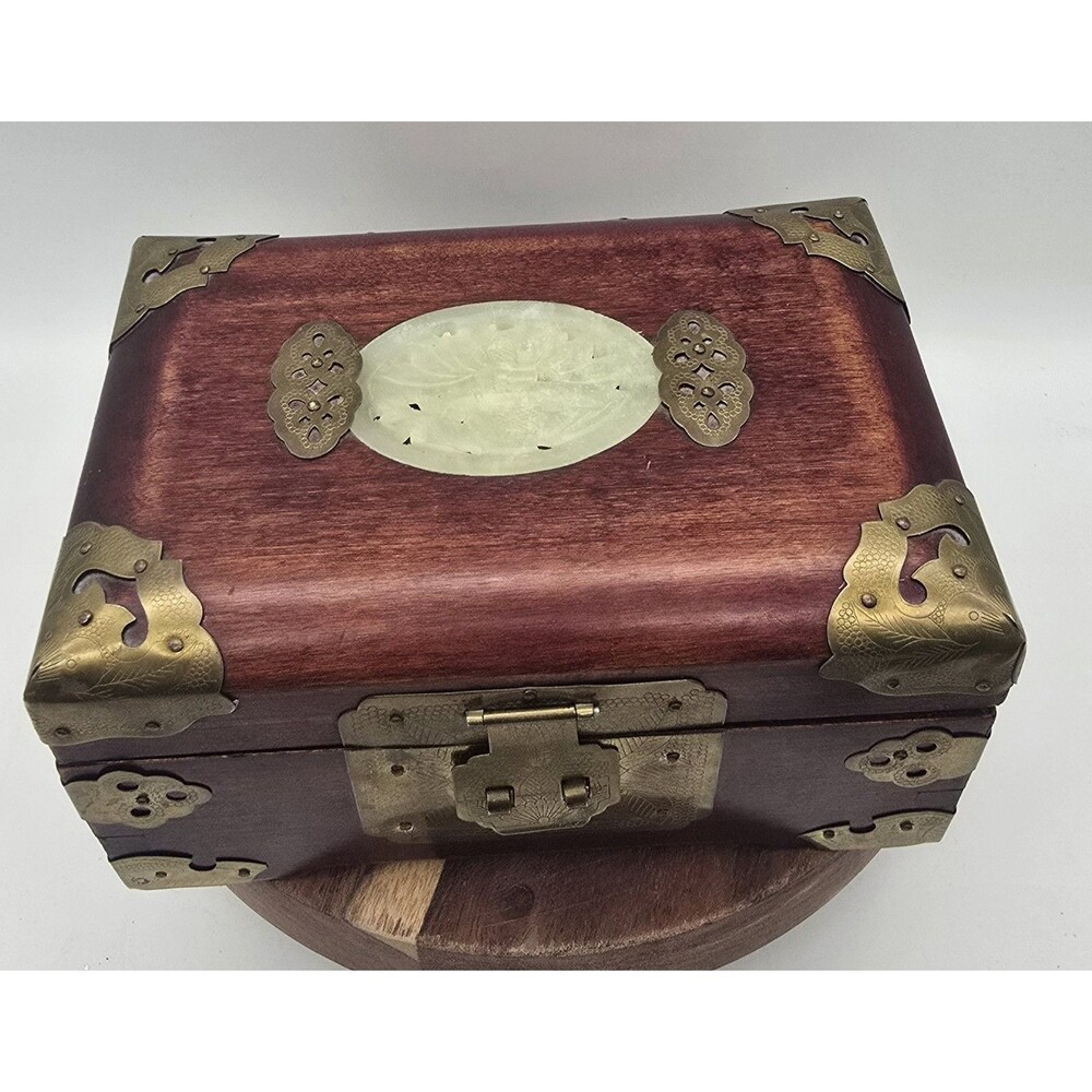 VTG Shanghai - Rosewood  Brass Jewelry Box - Carved Jade Medallion Asian * READ